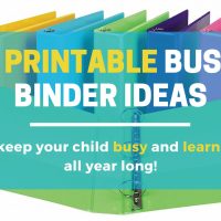 The title of the blog "6 Printable Busy Binder Ideas" with the subtitle "to keep your child busy and learning all year long" on a blue semi-transparent background over an image of 6 colorful binders.